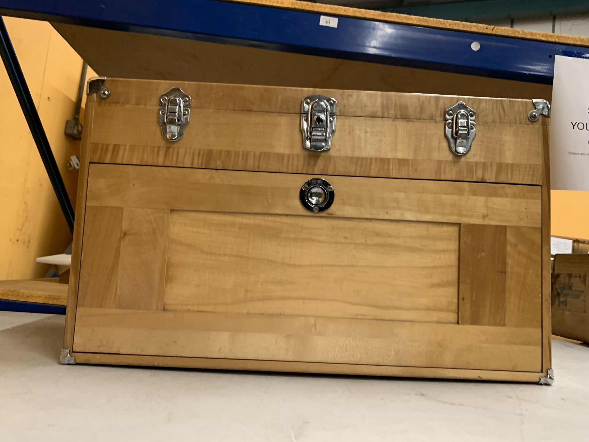 A WOODEN HABERDASHERY/ENGINEERS CABINET WITH FOUR SHORT AND TWO LONG DRAWERS, A DROP DOWN FRONT, - Image 5 of 7