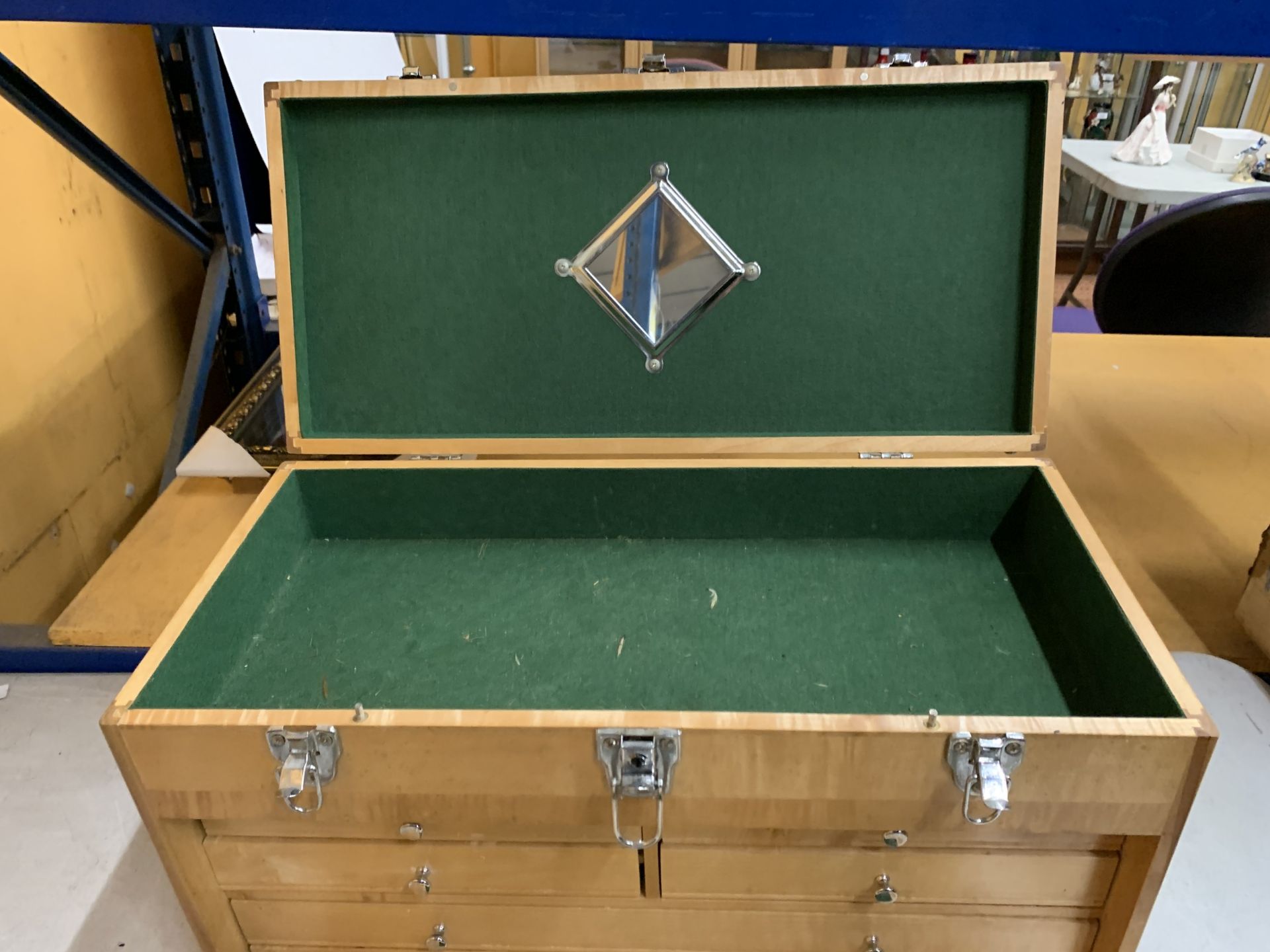 A WOODEN HABERDASHERY/ENGINEERS CABINET WITH FOUR SHORT AND TWO LONG DRAWERS, A DROP DOWN FRONT, - Image 3 of 7