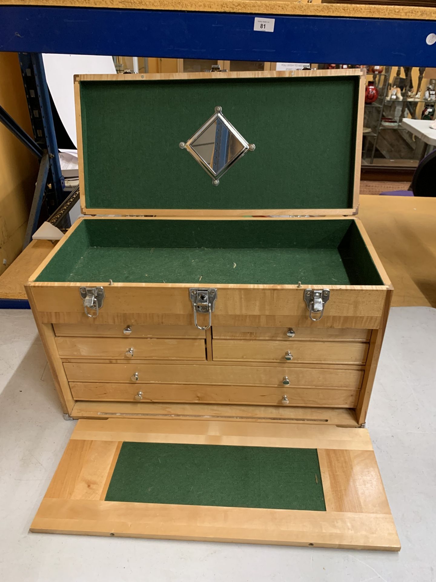 A WOODEN HABERDASHERY/ENGINEERS CABINET WITH FOUR SHORT AND TWO LONG DRAWERS, A DROP DOWN FRONT,