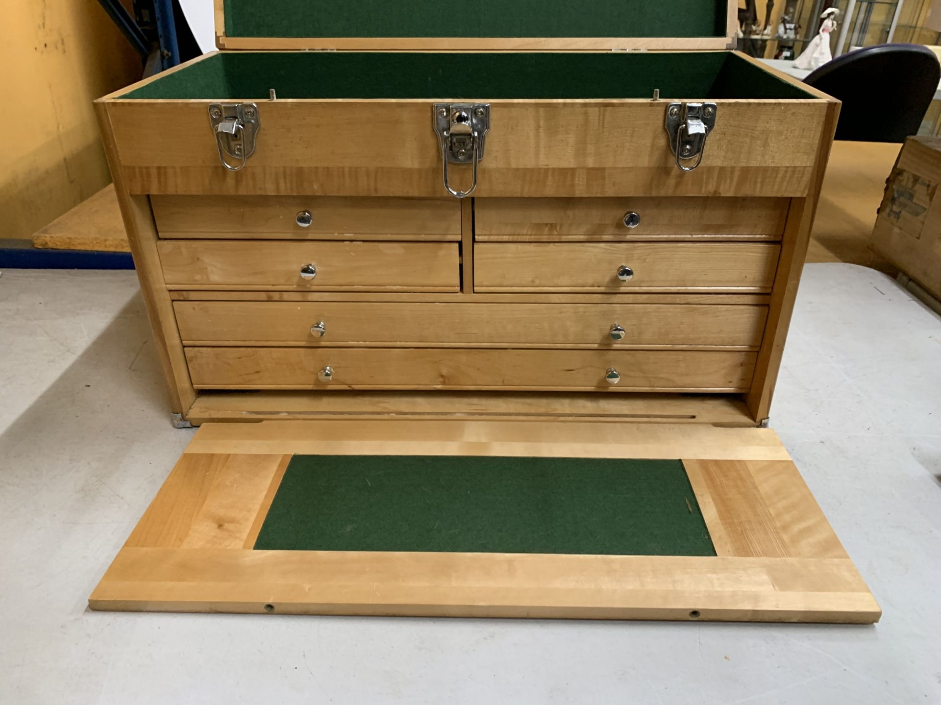 A WOODEN HABERDASHERY/ENGINEERS CABINET WITH FOUR SHORT AND TWO LONG DRAWERS, A DROP DOWN FRONT, - Image 2 of 7