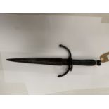AN ANTIQUE GERMAN LEFT HAND DAGGER, 27CM DOUBLE EDGED BLADE, LENGTH 40CM
