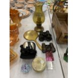 AN ASSORTMENT OF ITEMS TO INCLUDE VINTAGE BINOCULARS, HAND MIRROR, OIL LAMP, PAPERWEIGHTS ETC