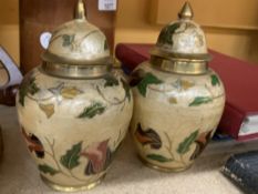 A PAIR OF VINTAGE BRASS AND ENAMEL CLOISONNE GINGER JARS WITH HAND-PAINTED FLORAL DESIGN - 15.5 CM