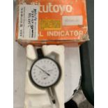 A BOXED MITUTOYO DIAL INDICATOR GUAGE WITH BACK LUG AND JEWELLED BEARING