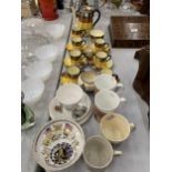 AN ASSORTMENT OF MUGS, CUPS AND SAUCERS TOGETHER WITH A VINTAGE CROWN STAFFORDSHIRE TEASET