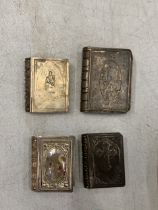 FOUR VINTAGE WHITE METAL RELIGIOUS THEMED VESTA CASES