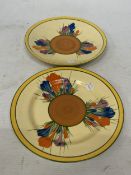 TWO CLARICE CLIFF BIZARRE CROCUS PATTERN PLATES, DIAMETER 22.5CM