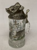 A BMF WEST GERMAN GLASS AND PEWTER LIDDED STEIN WITH A BOARS HEAD DESIGN