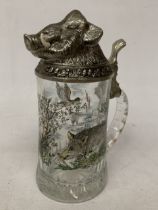 A BMF WEST GERMAN GLASS AND PEWTER LIDDED STEIN WITH A BOARS HEAD DESIGN