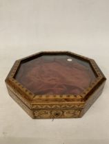 AN OCTAGONAL INLAID WOODEN DISPLAY CASE WITH A GLASS HINGED LID