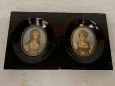 TWO MINIATURE HAND PAINTED CEARAMIC PORTRAITS IN WOODEN FRAMES