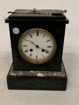 A VINTAGE FRENCH SLATE MANTLE CLOCK WITH PENDULUM AND KEY