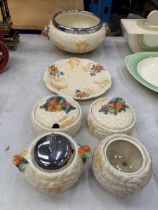 SIX PIECES OF CLARICE CLIFF 'CELTIC HARVEST' TO INCLUDE A BOWL, PLATE AND LIDDED POTS