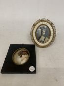 TWO VINTAGE MINIATURE FRAMED PORTRAITS, ONE CERAMIC, THE OTHER ON GLASS