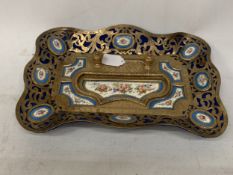 AN ANTIQUE FRENCH ORMOLU PEN TRAY WITH HAND PAINTED BLUE AND WHITE FLORAL PLAQUES