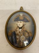 A SIGNED 'DAVID' MINIATURE HANDPAINTED PORTRAIT OF ADMIRAL LORD NELSON, IN A YELLOW METAL FRAME