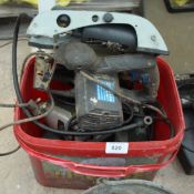 A RED BUCKET OF TOOLS INCLUDING JIGSAW, SANDER, CIRCULAR SAW AND FOOT PUMP NO VAT