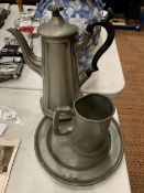 A PEWTER COFFEE POT, PLATE AND TANKARD