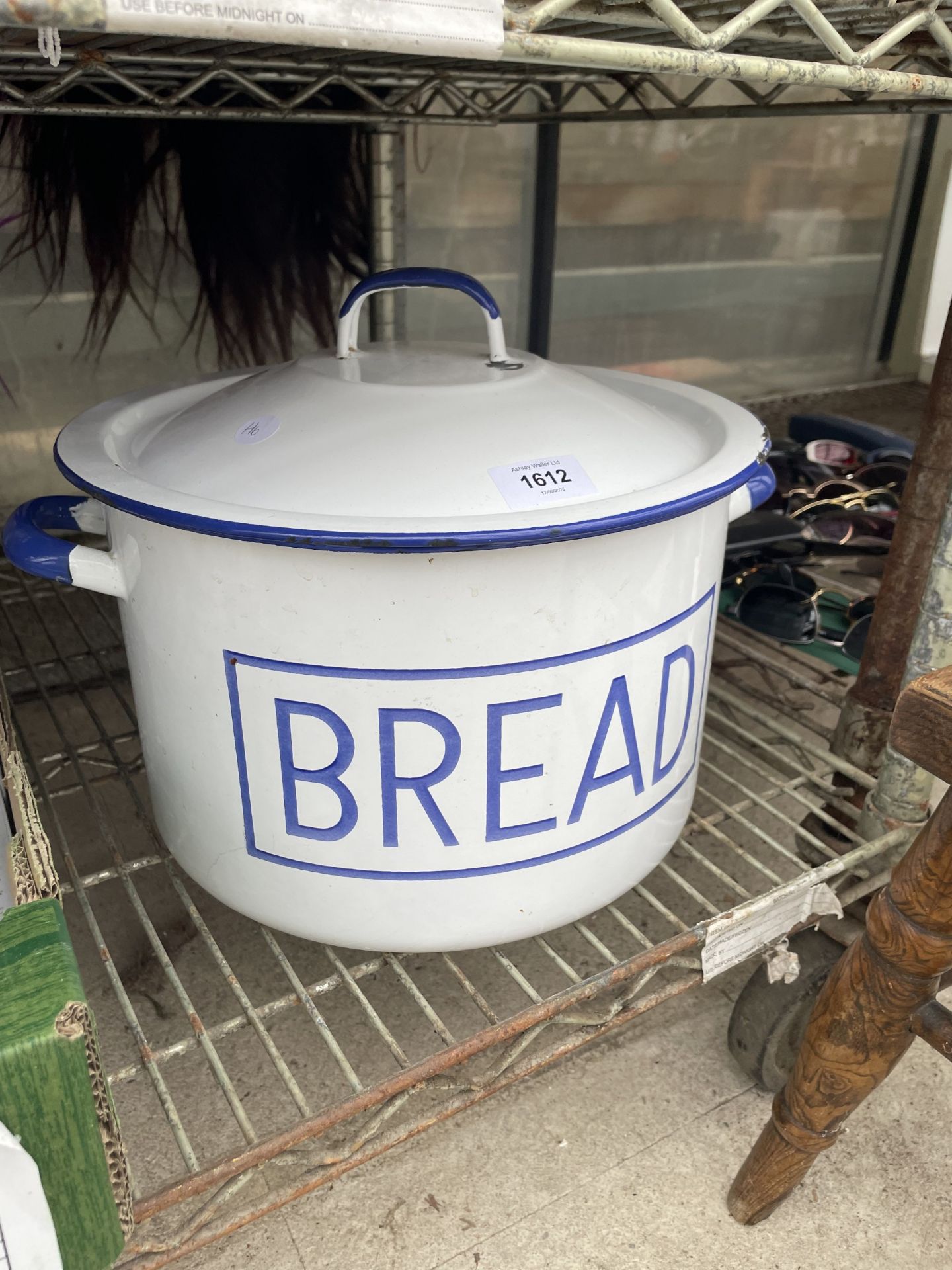 A LARGE BLUE AND WHITE ENAMEL LIDDED BREAD BIN