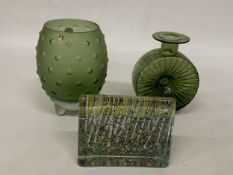 THREE PIECES OF GLASSWARE TO INCLUDE AN OLIVE GREEN HELENA TYNELL FOR RIIHIMAEN LASI OY (FINLAND)