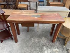 A HARDWOOD SIDE TABLE ON SQUARE LEGS, 47" WIDE