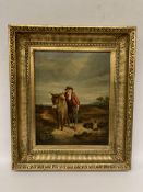 A WILLIAM SHAYER (1811-1892), SIGNED OIL OF A COUNTRY FOLK MAN IN A RURAL SETTING WITH A DOG AND A