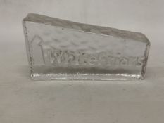 A WHITEFRIARS ADVERTISING BLOCK FEATURING THE EMBOSSED WHITEFRIARS GLASS LOGO