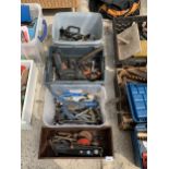 AN ASSORTMENT OF TOOLS TO INCLUDE BRACE DRILLS, SPANNERS AND A BLACK AND DECKER DRILL ETC