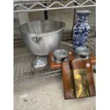 AN ASSORTMENT OF ITEMS TO INCLUDE AN ALLOY JAM PAN, A BLUE AND WHITE VASE AND A SHOE SHINE BRUSH