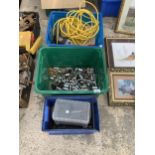 AN ASSORTMENT OF TOOLS AND HARDWARE TO INCLUDE SOCKETS AND A DRILL ETC