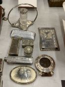 AN ASSORTMENT OF ITEMS TO INCLUDE A RENNIE MACINTOSH PEWTER HIP FLASK, PLATED FRAMES, TRINKET