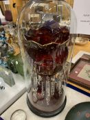 A VICTORIAN LARGE RUBY GLASS LUSTRE WITH HAND PAINTED ENAMEL DECORATION, CRYSTAL DROPLETS HOUSED