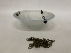 AN ART DECO LALIQUE STYLE TRANSLUCENT GLASS LIGHT SHADE WITH METAL FITTINGS, IMPRESSED MARKS TO