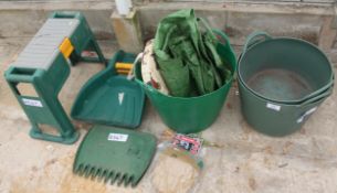 4 PLASTIC TRUGS, KNEE PADS, LEAF HANDS ETC. NO VAT