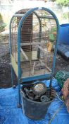A PARROT CAGE, CLOCK, BOX AND CONTENTS NO VAT