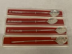 FOUR MARKED 835 CONTINENTAL SILVER 'WIDMANN ANTIK' SPOONS, WITH A LEAF SHAPED BOWL AND HOLLOW HANDLE