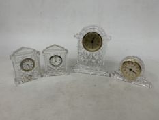 FOUR GLASS MANTLE CLOCKS TO INCLUDE THREE WATERFORD CRYSTAL
