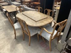 A QUEEN ANNE STYLE WALNUT TWIN PEDESTAL DINING TABLE, 54" X 36" (LEAF 18") AND SIX MATCHING DINING