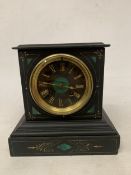 A VICTORIAN SLATE MANTEL CLOCK WITH GREEN STONE INLAY PLUS A QUANTITY OF CLOCK KEYS