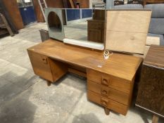 A UNIFLEX INTERNATIONAL RETRO TEAK TWIN PEDESTAL DRESSING TABLE WITH TRIPLE MIRROR, 60" WIDE