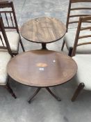 AN OVAL MAHOGANY AND INLAID PEDESTAL OCCASIONAL TABLE AND 18TH CENTURY STYLE TRIPOD TABLE