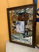 A VERY LARGE FRAMED VINTAGE COCA-COLA ADVERTISING PUB MIRROR 73CM X 99CM