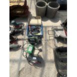 AN ASSORTMENT OF ITEMS TO INCLUDE AN ELECTRIC WOOD PLANE AND A NAIL GUN ETC