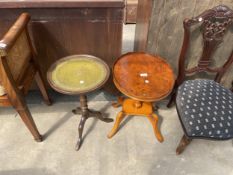 A REPRODUX (BEVAN FUNNELL) YEW WOOD PEDESTAL WINE TABLE AND WINE TABLE WITH INSET TOP