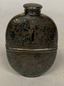 AN XRF TESTED TO 800 SILVER HIP FLASK WITH ORNATE ENGRAVING, GROSS 350g