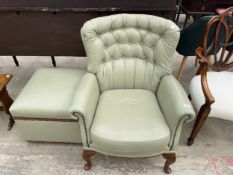 A LEATHER BUTTON BACK ARMCHAIR ON CABRIOLE LEGS AND A SIMILAR SOTRAGE FOOT STOOL