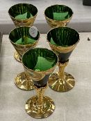 A SET OF FIVE VENETIAN MURANO 'TRE FUOCHI' EMERALD GOBLETS WITH 24K GOLD OVERLAY