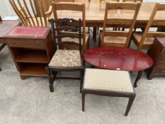 FOUR ITEMS TO INCLUDE A COFFEE TABLE, A MAHOGANY STOOL, LADDER BACK DINING CHAIR AND A MAHOGANY SIDE