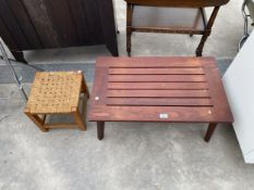 AN R.A. LISTER TEAK COFFEE TABLE, 30" X 18" AND A SMALL OAK STRING TOP STOOL