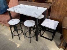 A HIGH KITCHEN TABLE AND FOUR STOOLS WITH MAQRBLE EFFECT TOPS AND SIMILAR NEST OF TWO TABLES